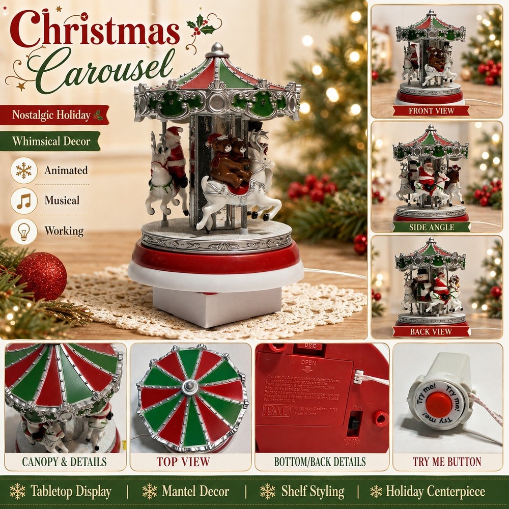 PAC Christmas Carousel Red Green Silver Santa Reindeer Musical Animated Works
